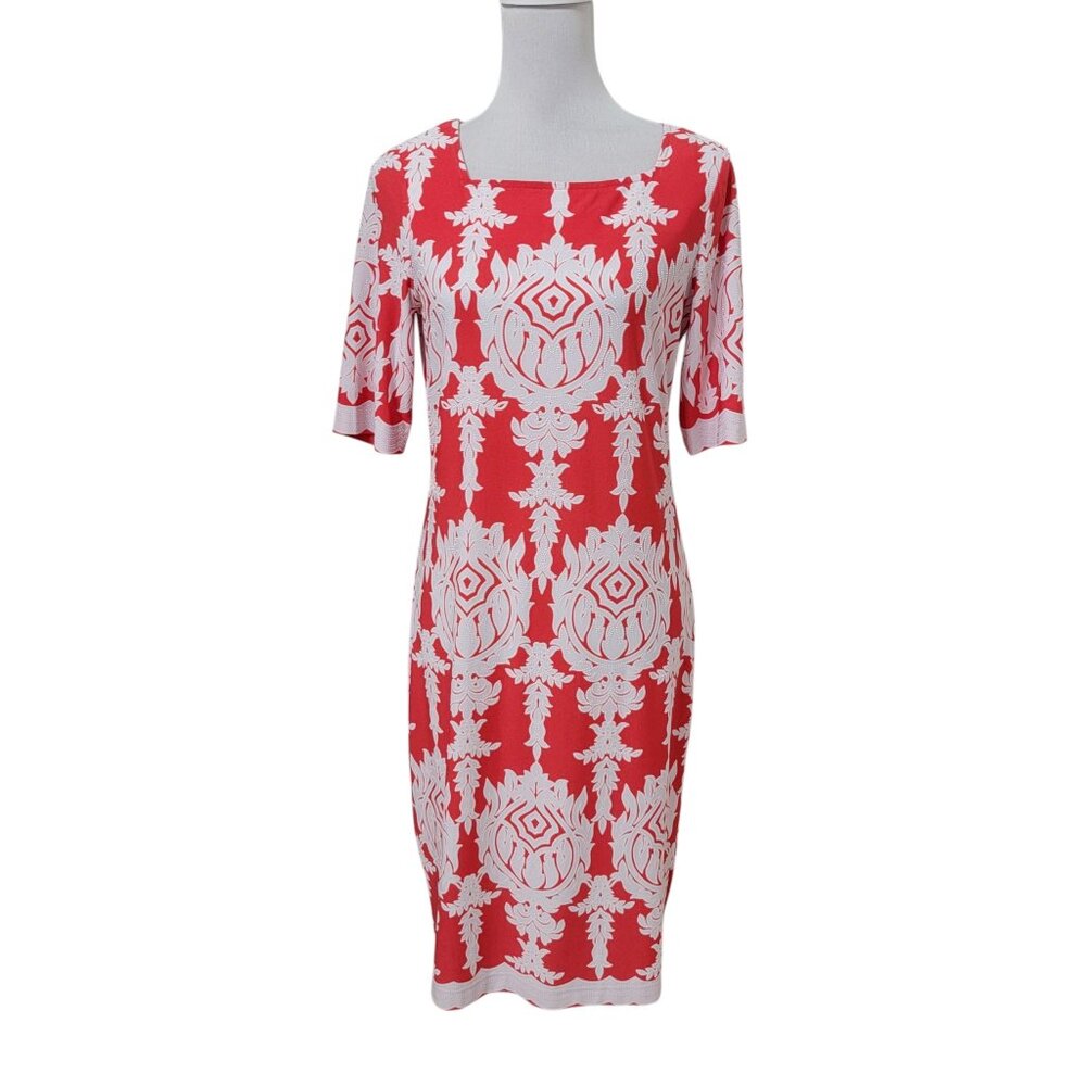 Tiana B Size 8 Red with White Damask Sheath Dress, 3/4 Sleeve, Textured Detail